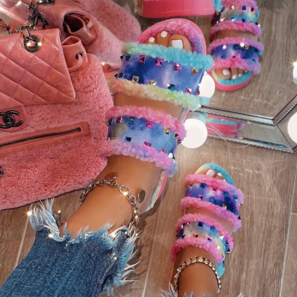 Rainbow studded Sherpa tie dye slides